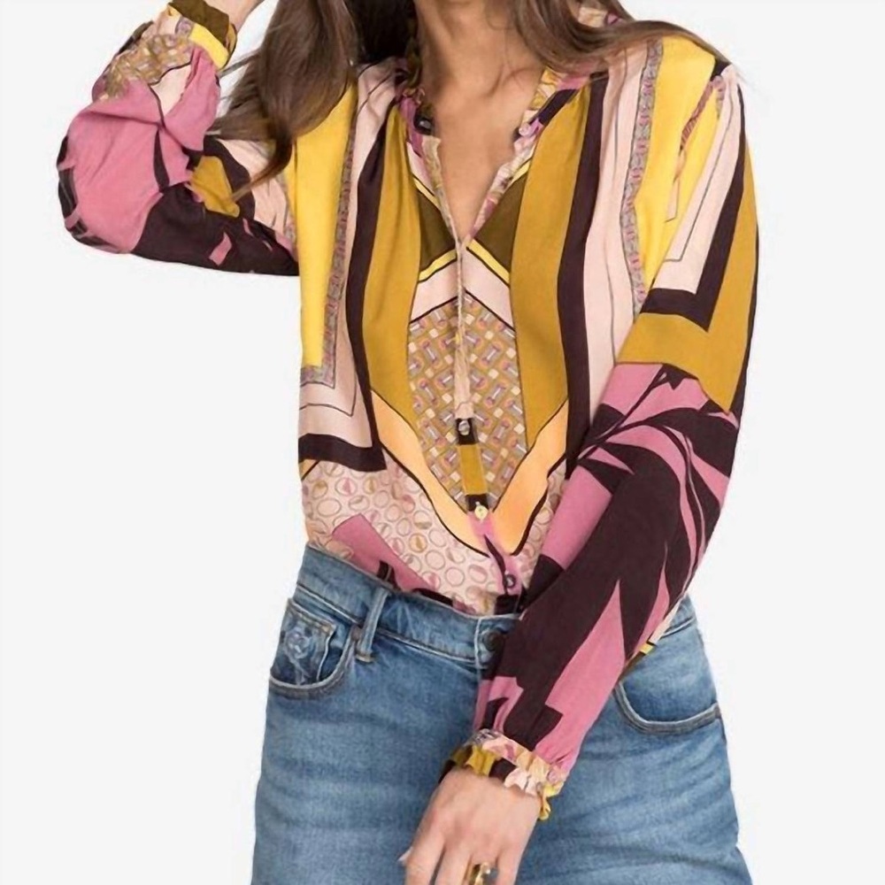 Johnny Was | Echo Amabel Retro Scarf Printed Silk Peasant Ruffle Blouse - Artsy